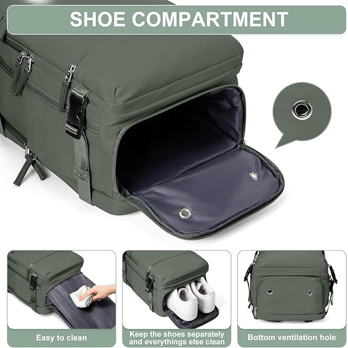 Travel Backpack Simple Durable Carry On Backpack with Shoe Compartment, Personal Item Travel Bag Flight Approved, Water Resistant Laptop Backpack for Women Men Weekender Business, Sage Green