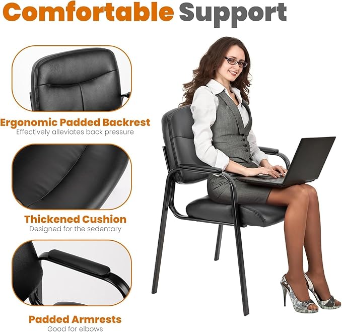 Sweetcrispy Office Reception Guest Chair No Wheels Set of 4, Leather Stationary Waiting Room Chairs with Padded Arms for Elderly Desk Conference Room Lobby Table Side Salon