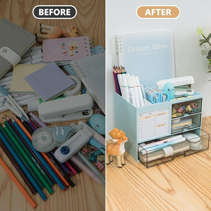 Desk Organizer with 3 Drawer, Multi-Functional Pencil Pen Holder for Desk, Desk Organizers and Storage with 8 Compartments, Desktop Organizer for Office Home Art Supplies (Blue)