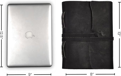 LEATHER VILLAGE Leather Bound Journal - Black, 13"X8", 220 Pages - Vintage Blank Paper Diary for Writing, Drawing, Sketchbook, and Travel Notebook - Ideal for Women and Men