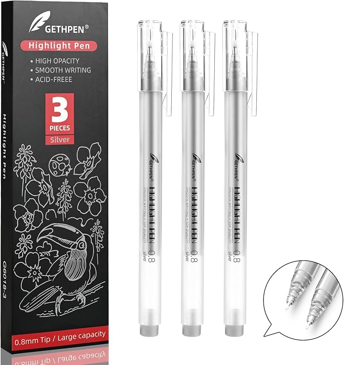 Silver Pens, 3Pack,0.8mm Extra Fine Point, Silver Gel Pens for Artists, Silver Gel Pen, Silver Ink Pen, Silver Pens for Black Paper, Silver Drawing Pens,Silver Pen for Artists Drawing
