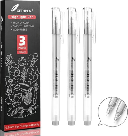 Silver Pens, 3Pack,0.8mm Extra Fine Point, Silver Gel Pens for Artists, Silver Gel Pen, Silver Ink Pen, Silver Pens for Black Paper, Silver Drawing Pens,Silver Pen for Artists Drawing