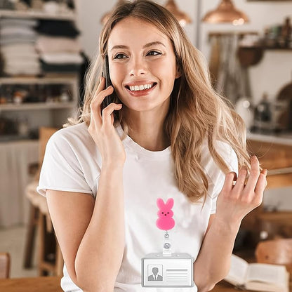 Easter Badge Reels Nurse Badge Reel,Funny Badge Reel,Cute Pink Bunny ID Name Badge Holder Full Cover Retractable Acrylic Clips for Office Teacher Student Nurse Doctor