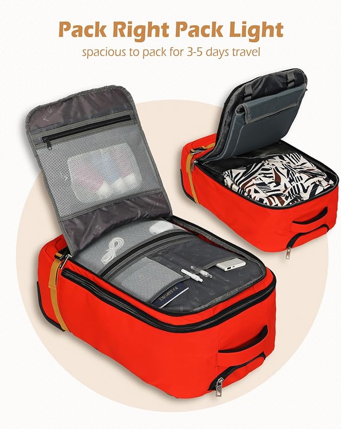 Hynes Eagle Rolling Backpack 42L Backpack with Wheels Airline Approved Carry on Luggage Laptop Travel Backpack for Women Men Orange Red