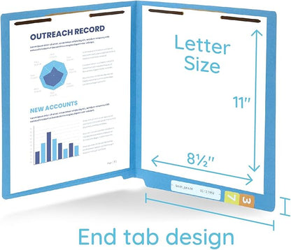 50 Blue End Tab Fastener File Folders - Reinforced Straight Cut Tab - Durable 2 Prongs Designed to Organize Standard Medical Files, Receipts, Office Reports - Letter Size, Blue, 50 Pack