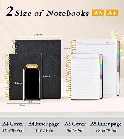 5 Subject Notebook College Ruled, Hardcover Spiral Notebook with Removable Pocket Dividers Tabs, 240 Pages Lined Spiral Journal Notebook for Women, 6x8.5 Notebooks for Work School Note taking A5 Black