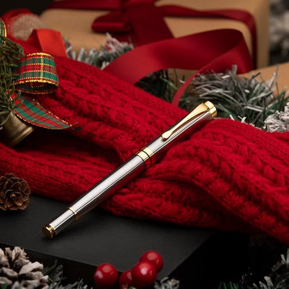 BEILUNER Ballpoint Pens, Stunning Silver Chrome Metal Pen with Golden Trim, Best Ball Pen Gift Set for Men & Women, Professional, Executive, Office, Nice Pens-Gift Box with 0.5mm Extra Black Refill