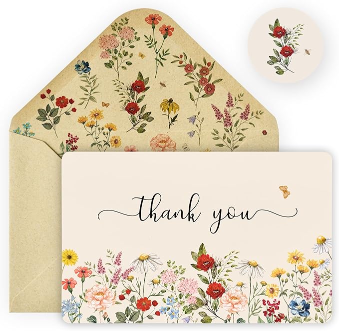 Artoid Mode 24 Pack Wildflower Thank You Cards Vintage Flower Greeting Cards Gift With Envelope Sticker Blank Note Cards for Birthday Wedding Baby Shower Bridal Shower, 4 x 6 Inch