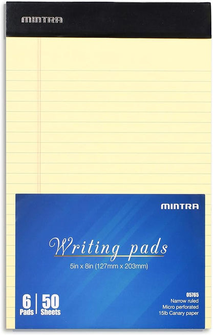 Mintra Office Legal Pads - ((BASIC CANARY 6pk, 5in x 8in, NARROW RULED)) - 50 Sheets per Notepad, Micro perforated Writing Pad, Notebook Paper for School, College, Office, Business