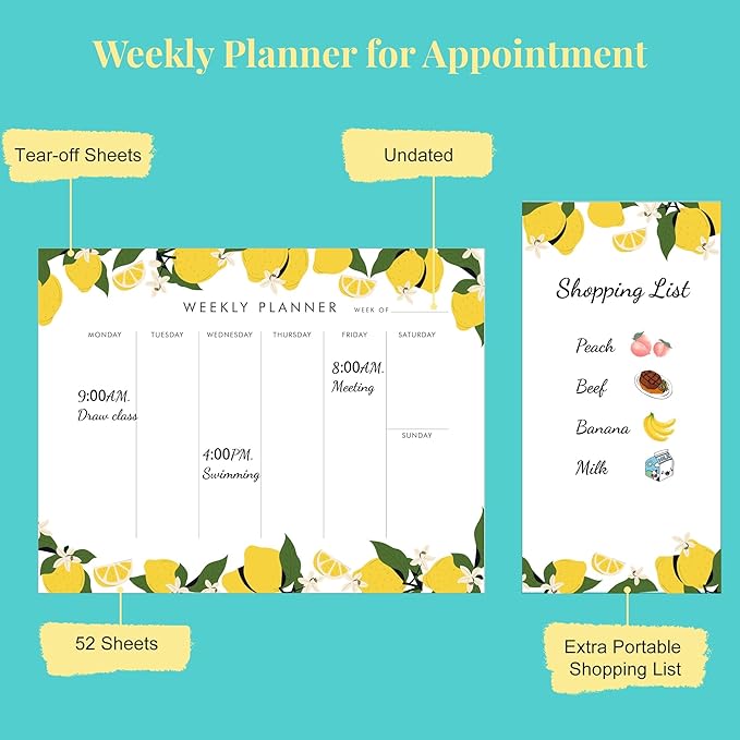 Weekly Planner Notepad Tear Off Set of 2 Weekly Calendar Pad 52 Undated To Do List Notepad Sheets Desk Planner Planning Pads Productivity Tracker for Work Goals Notes Schedule Ideas, Yellow