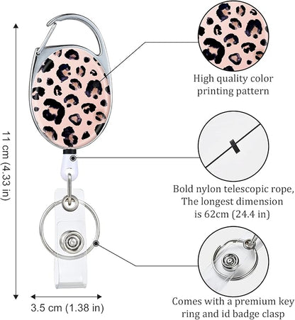 Badge Reels Retractable，Double Sided Color Print Pattern Retractable Badge Holders，with Retractable Keychain, Badge Clip and Key Ring，Durable Nylon Retractable Rope，Leopard Print