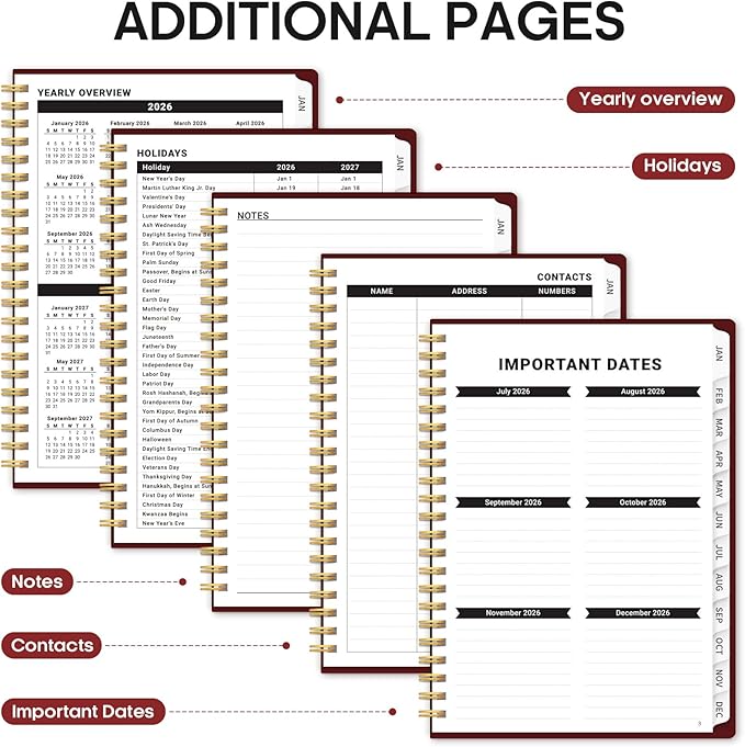 2026 Planner, Weekly and Monthly Calender Planner, Jan 2026 to Dec 2026, Hardcover 2026 Calendar Planner Book with Tabs & Inner Pocket, Office Home School Supplies for Women & Men - A4 (8.5" x 11"), Burgundy