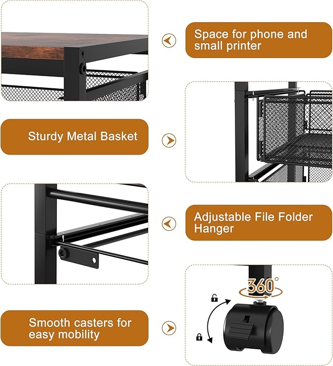 EasyPAG Mobile Rolling File Cart with Wheels Letter & Legal Size Hanging File Folder Rack 3 Tier File Folder Rack with Pull-Out Drawer for Home Office, Black