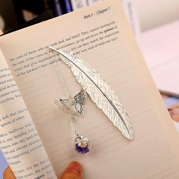 Toirxarn Silver Feather Bookmark with Butterfly Charm - Elegant Bookmarks for Women, Book Lovers Gifts, Book Marker for Reading, Teacher Appreciation Gifts, Unique Birthday Gifts, Stocking Stuffers
