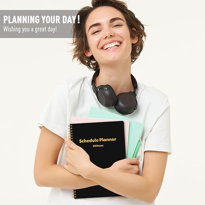 24 Hour Schedule Daily Planner - Undated To Do List Notebook with Hourly Schedule, 7" x 10", Spiral Organize Your Tasks and Appointments for Work, School, and Home - Black