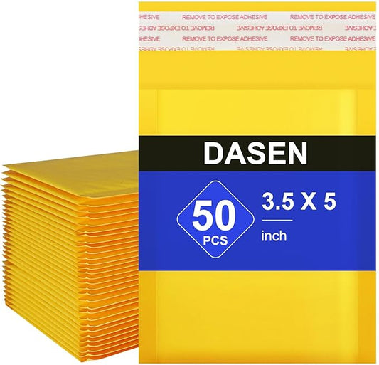 Dasen Kraft Bubble Mailers 3.5x5 Inch 50 Pcs,Small Self-Sealing Waterproof Cushioned Mail Shipping Bags,Yellow Padded Envelopes #0000