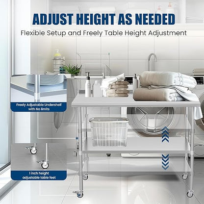 Stainless Steel Table with Wheels 30 x 48 Inches Metal Prep Table with Backsplash & Adjustable Undershelf, Stainless Table for Commercial Kitchen, Outdoor, Restaurant, Hotel & Garage