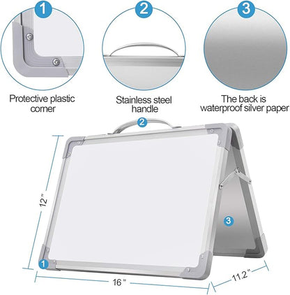 H-Qprobd Small Dry Erase White Board - 16"x 12" Double Sided Mini Foldable Magnetic Desktop whiteboard for Kids Drawing, Teacher Instruction and Meeting Discuss