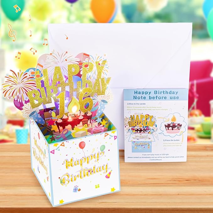 Tnvee 16TH Birthday Cards with Lights & Music & Candle, 3D Pop Up Singing Happy Birthday Greeting Cards Gfits for 16 Years Old Girl Boy Daughter Son