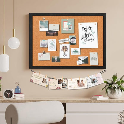 Miratino Cork Board Bulletin Board, 23x18 Inches Wooden Frame Pin Board, Cute Cork Boards for Walls Hanging for Office, Home Decor, School (Pins, Clips, Strings) Black