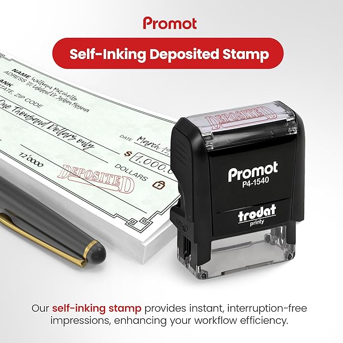 Promot Deposited Self Inking Rubber Stamp - Refillable Office Stamps - Business, Bookkeeping, Ordering, Accounting, Work, Deposit Stamper - Red Ink