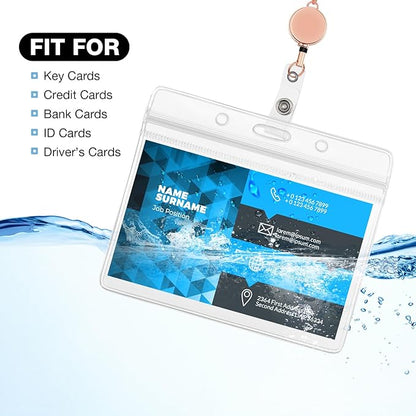 Outus 2 Pieces Badge Lanyard with ID Holders Stainless Steel Badge Holders Necklace Retractable Reel Clip Chain Water Resistant Name(Rose Gold)