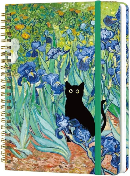 Yoiilifee Spiral Notebook - A5 Spiral Notebooks, 8.3'' × 5.8'', 160 Pages, Aesthetic Journaling Notebooks for Women, College Lined Notebook with Elastic Closure, Back Pocket, for School Office, CatB