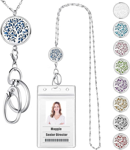 Lanyards for ID Badges and Keys, ID Badge Holder with Lanyard Stainless Steel Keychain Diffuser Necklace Lanyard Badge Lanyards for Women Teacher Nurse Student Office Work Jewelry Family Tree
