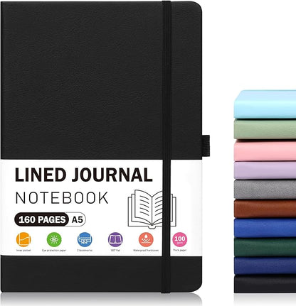 Lined Journal Notebooks for Women and Men, A5 100gsm Hardcover Notebook with Pen Loop, 160 Pages, 5.7" X 8.3", Notebook for Student, Office, School (Black)