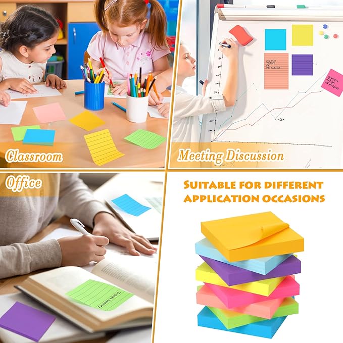 Yexiya 64 Pcs Lined Sticky Notes Self Stick Notes with Lines Bright Assorted Colors Sticky Notes for Home Office Products Post Memos, 1920 Sheets(4 x 6 Inch, 3 x 3 Inch,Stylish Color)