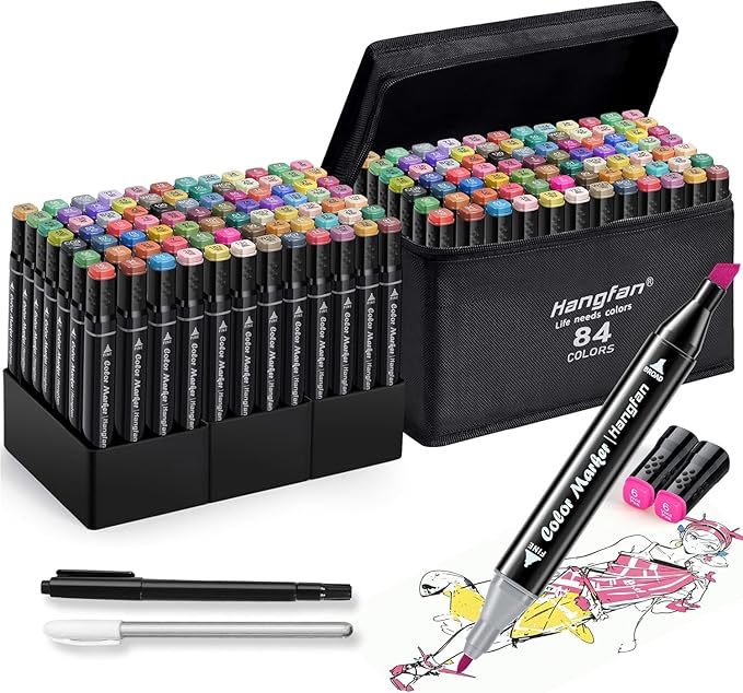 Alcohol,84 Colors Dual Tip Coloring Markers for Adults,Markers for Adults,Give 1 White Highlighter,1 Tracing Pen,Coloring Illustrations Sketch Drawing Painting Card Making(Black Pen Container)