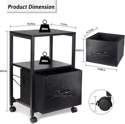 2 Tier Metal Mobile Under Desk Home Printer Stand with Storage Drawer Small File Cabinet for Home Office with Wheels Printer Tables for Small Spaces, Black