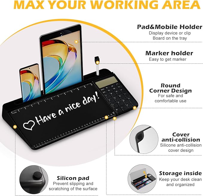 Desktop Glass Whiteboard with Mirror & Calculator(12 Digit LCD Display) & Ruler Marker,Tilted Computer Keyboard Stand with Dry Erase Board Surface, Desk Organizers with Accessories,Black