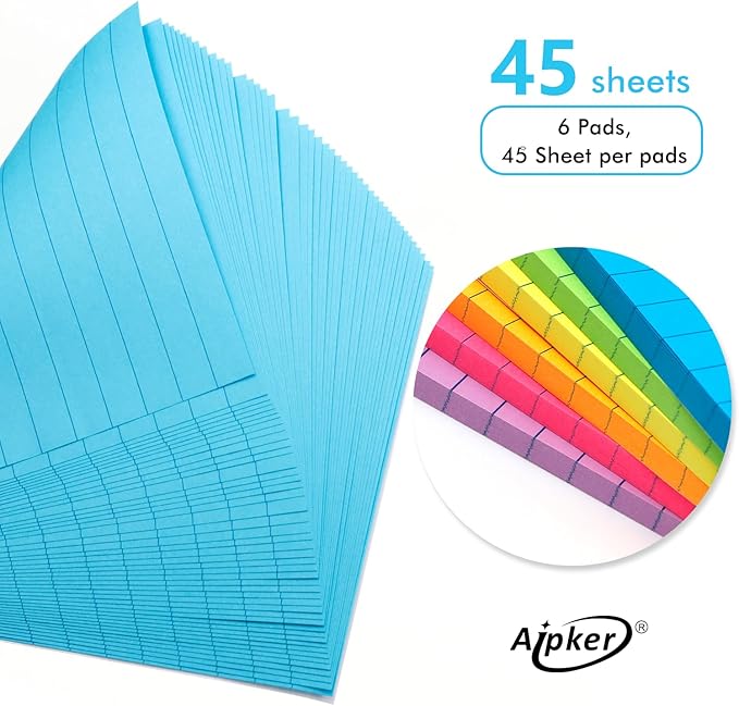 Upgraded 6 Color Lined Sticky Notes & Index Tabs Set, Bright Color Strong Adhesive 4x6 Inch Sticky Note Pads with Lines and Index Strips for Office Study Book (45 Sheets/Pad, 12 Pads)