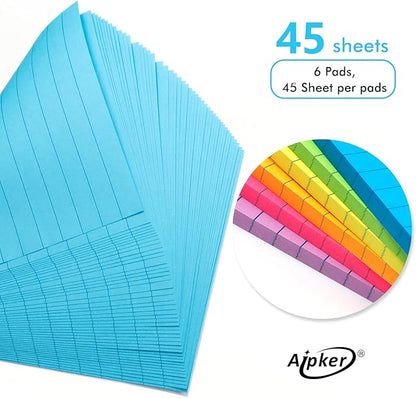 Upgraded 6 Color Lined Sticky Notes & Index Tabs Set, Bright Color Strong Adhesive 4x6 Inch Sticky Note Pads with Lines and Index Strips for Office Study Book (45 Sheets/Pad, 12 Pads)