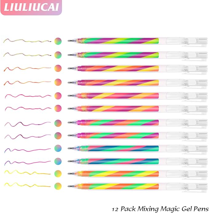 12 Pack Mixing of 3 Colors Rainbow Gel Pens Color Changing Ballpoint Pen Neon Pens Set for Adults Coloring Books Drawing Doodling Anime Scrapbooking Notes