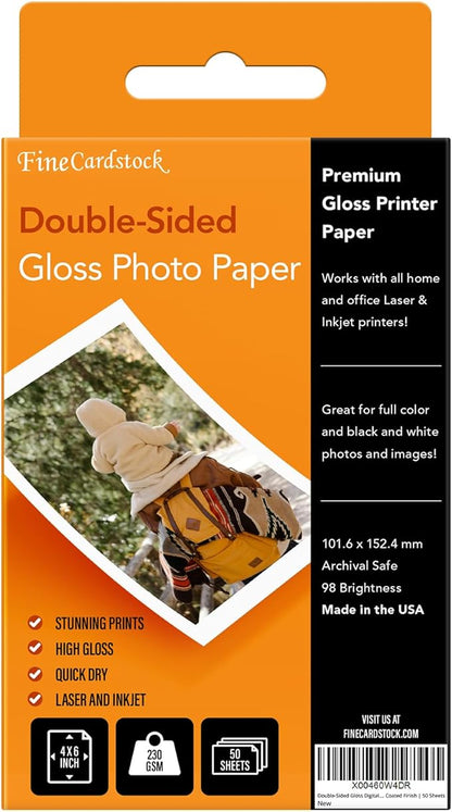 4" x 6" Photo Paper for Inkjet & Laser Printers - Extra Thick, High Gloss for Full Color Printing - Premium White Glossy, Instant Dry Paper for Everyday Pictures, Albums - 50 Sheets per Pack