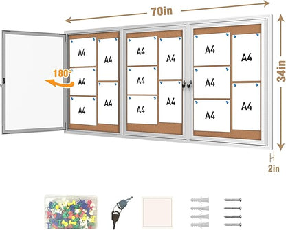 70"x34" Enclosed Bulletin Board, Outdoor Lockable Weather-Resistant Aluminum Cork Noticeboard for School & Office, Silver Frame w/Cork