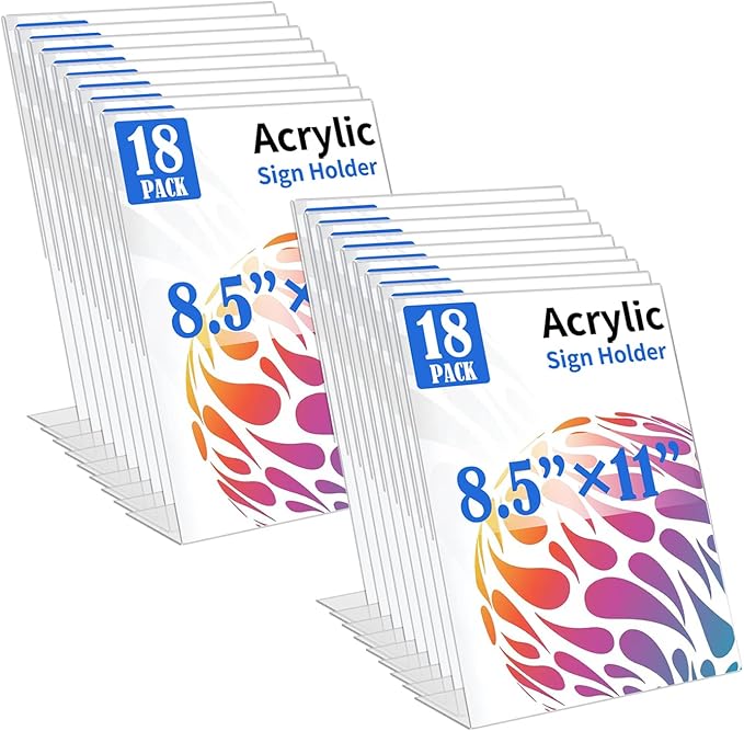 18 Pack Acrylic Sign Holder 8.5 X 11, L Shape Clear Sign Holder, Clear Plastic Sign Holder Picture Photo Frames, Flyer Document Paper Display Stand for Office Desktop