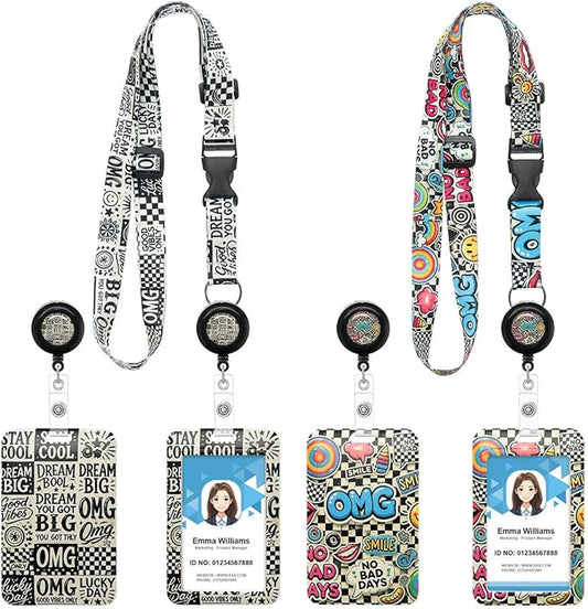 2 Pack Retro Lanyards Badge Holder, Adjustable Lanyard with Retractable Badge Reel, Cool ID Badge Holder for Teens, Teachers, Nurses, Students, Office Staff & Cruise Essentials