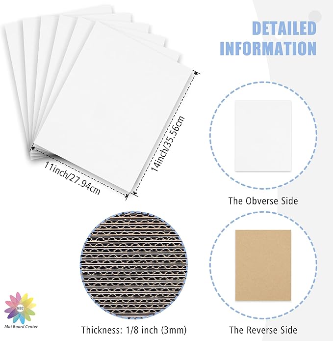 Mat Board Center, 25 pack 11x14 Corrugated Cardboard sheet, 1/8 inch thick, Flat Cardboard Inserts for Mailing, Packaging & Shipping, Cardboard Backing, Craft Card Board (White on one side)