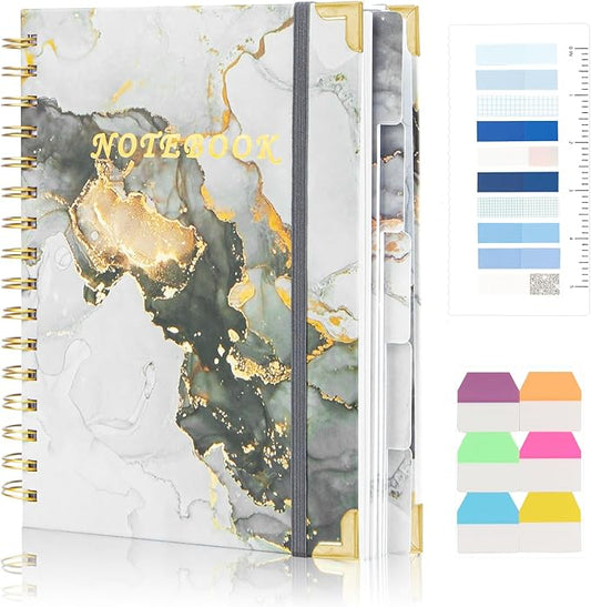 Spiral Notebooks for Work, 240 Pages Lined Spiral Journal Notebook, 5 Subject A5 College Ruled Journals for Writing, 8.6”x6.2''Journaling Notebooks for School Office Supplies (Grey Marble)