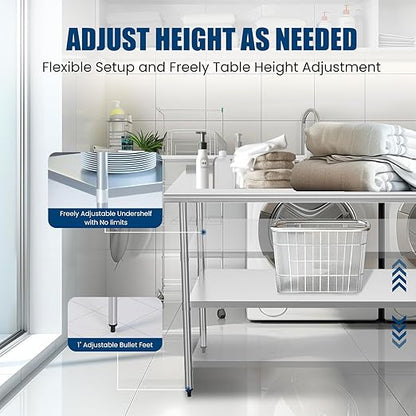 Stainless Steel Table 24 x 48 Inches Metal Prep Table with 2 Adjustable Undershelves & Backsplash, Work Table for Commercial Kitchen, Restaurant, Outdoor & Garage