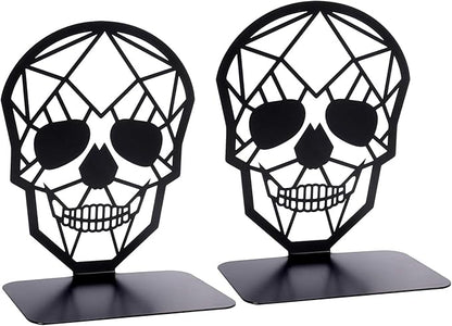Metal Skull Design Black Bookend - Heavy-Duty Bookends for Shelves, Skull Book Ends for Heavy Books, Book Shelf Holder Home Office Decorative Desktop Organizer (1 Pair)