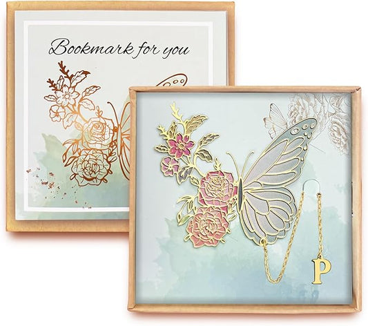 Metal Butterfly Bookmark for Women Cute Book Lovers Gift Butterfly Bookmarks Inital Book Mark Gifts for Reading Women Friend Teacher Appreciation Gifts Mom Birthday Valentines Day Christmas Gift, P