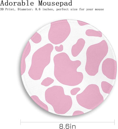 Cute Cow Print Round Mouse Pad, Small Mousepad for Laptop Gaming Women, with Stitched Edge Non-Slip Rubber Base, Cute Home Office Decor Desk Accessories Office Supplies Gift for Women Teen Girls