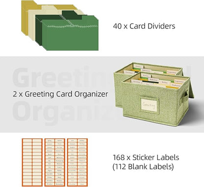 Vienrose Greeting Card Organizer Storage Box with 20 Removable Dividers, 84 Self-stick Labels, Perfect for Photos, Envelopes, Scrapbooking, Paper, Stickers Holder 2 Pack Grass Green