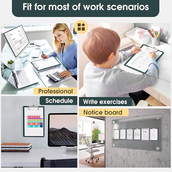 Plastic Clipboards 2 Pack, A4 Green Clip Board 8.5x11 for Classroom, Students, Kid, Woman, Size 9" x 12.5" with Low Profile Clip, Office & School Supply