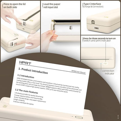 HPRT Portable Printers Wireless for Travel - MT810 Bluetooth Thermal Inkless Compact Printer, Paper Rolls Mobile Printing for Vehicles Office, Compatible with iPhone Android & Laptop