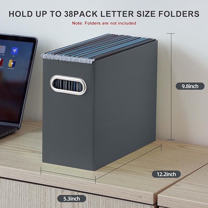 Oterri File Organizer, Small Storage Box, Cardboard File Folder Organizer, Collapsible File Box, Hanging File Organizer for Letter Size, Portable File Box with Handle, Only Box (Dark Grey,2 Packs)